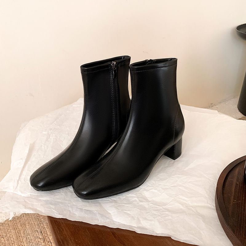 2024 Fall French Style Side Zipper Chunky Heel Real Leather Short Boots for Women - Crape Myrtle - Image 2
