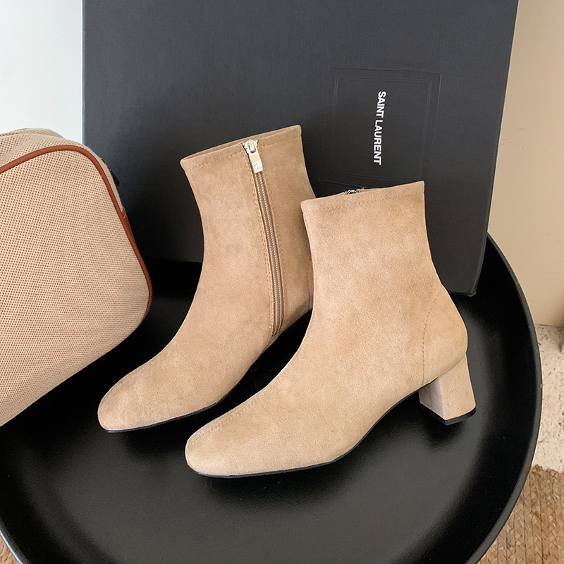 2024 Fall French Style Side Zipper Chunky Heel Real Leather Short Boots for Women - Crape Myrtle - Image 4