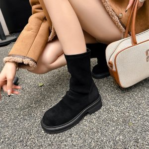 2024 Fashion Trendy Chunky Heel Thick Sole Slim Boots Round Toe Pleated Back Zipper Stacked Short Boots Women Genuine Leather