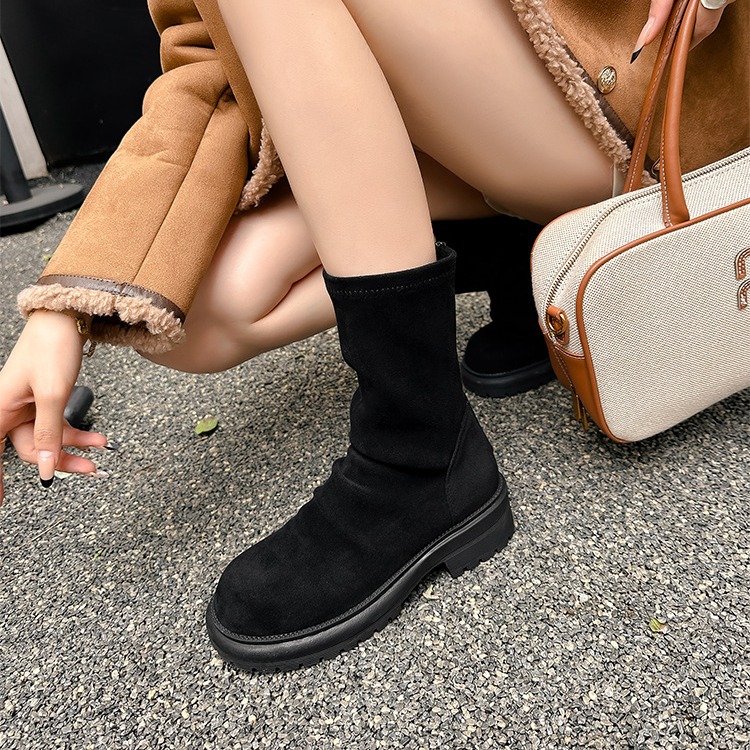 2024 Fashion Trendy Chunky Heel Thick Sole Slim Boots Round Toe Pleated Back Zipper Stacked Short Boots Women Genuine Leather