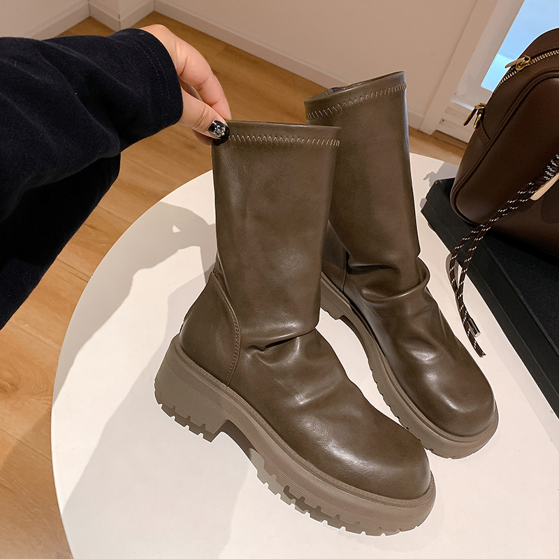 2024 Fashion Trendy Chunky Heel Thick Sole Slim Boots Round Toe Pleated Back Zipper Stacked Short Boots Women Genuine Leather - Image 4