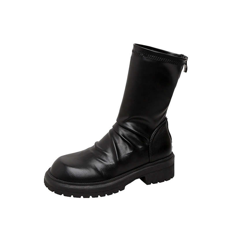2024 Fashion Trendy Chunky Heel Thick Sole Slim Boots Round Toe Pleated Back Zipper Stacked Short Boots Women Genuine Leather - Image 5