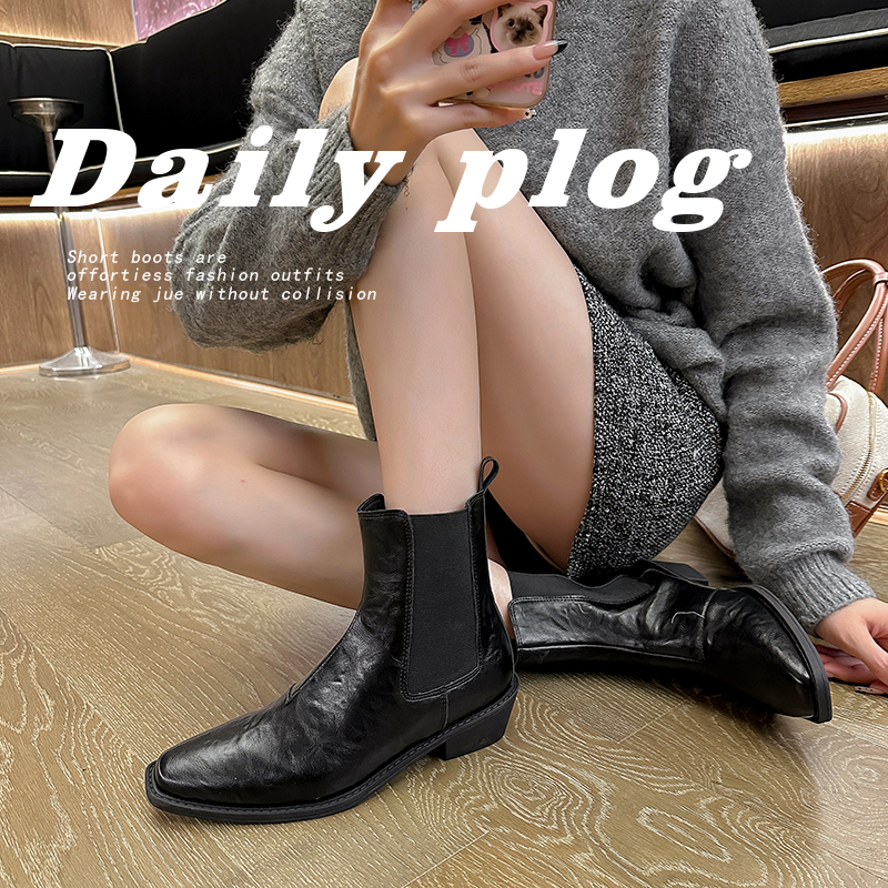 2024 New Fashion Pointed Toe Chunky Heel Ankle Boots for Women Side Zipper Slim Fit Short Boots