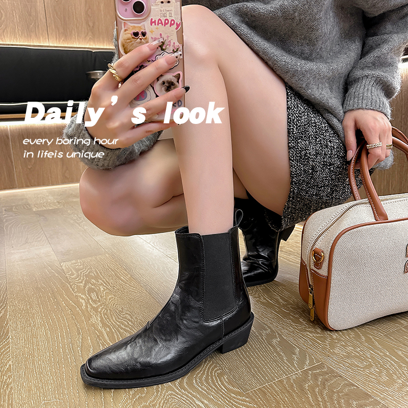 2024 New Fashion Pointed Toe Chunky Heel Ankle Boots for Women Side Zipper Slim Fit Short Boots - Image 2