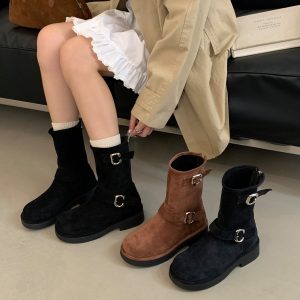 2024 New Retro Motorcycle Buckle Round Toe Thick Sole Mid Calf Boots Women Winter