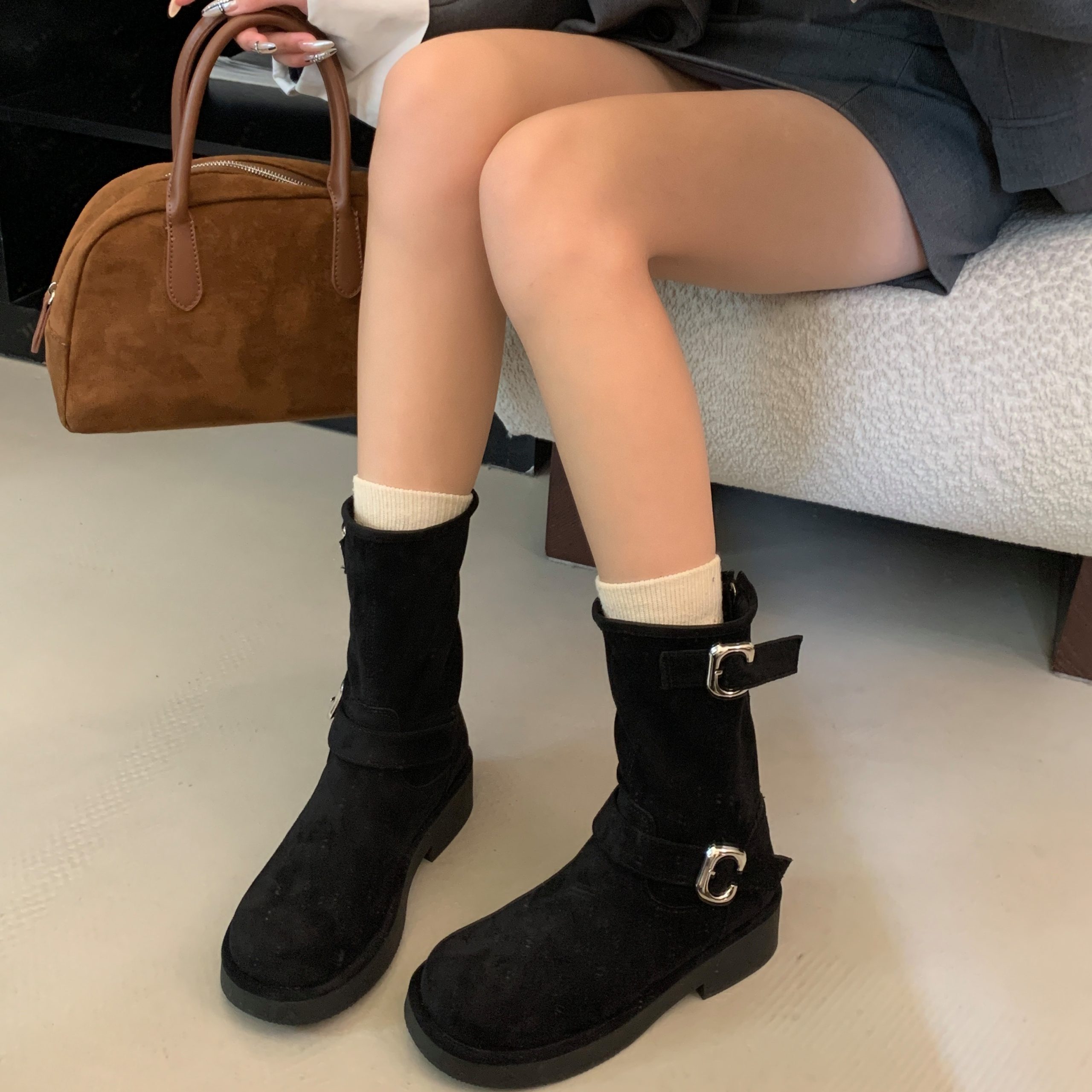2024 New Retro Motorcycle Buckle Round Toe Thick Sole Mid Calf Boots Women Winter - Image 3
