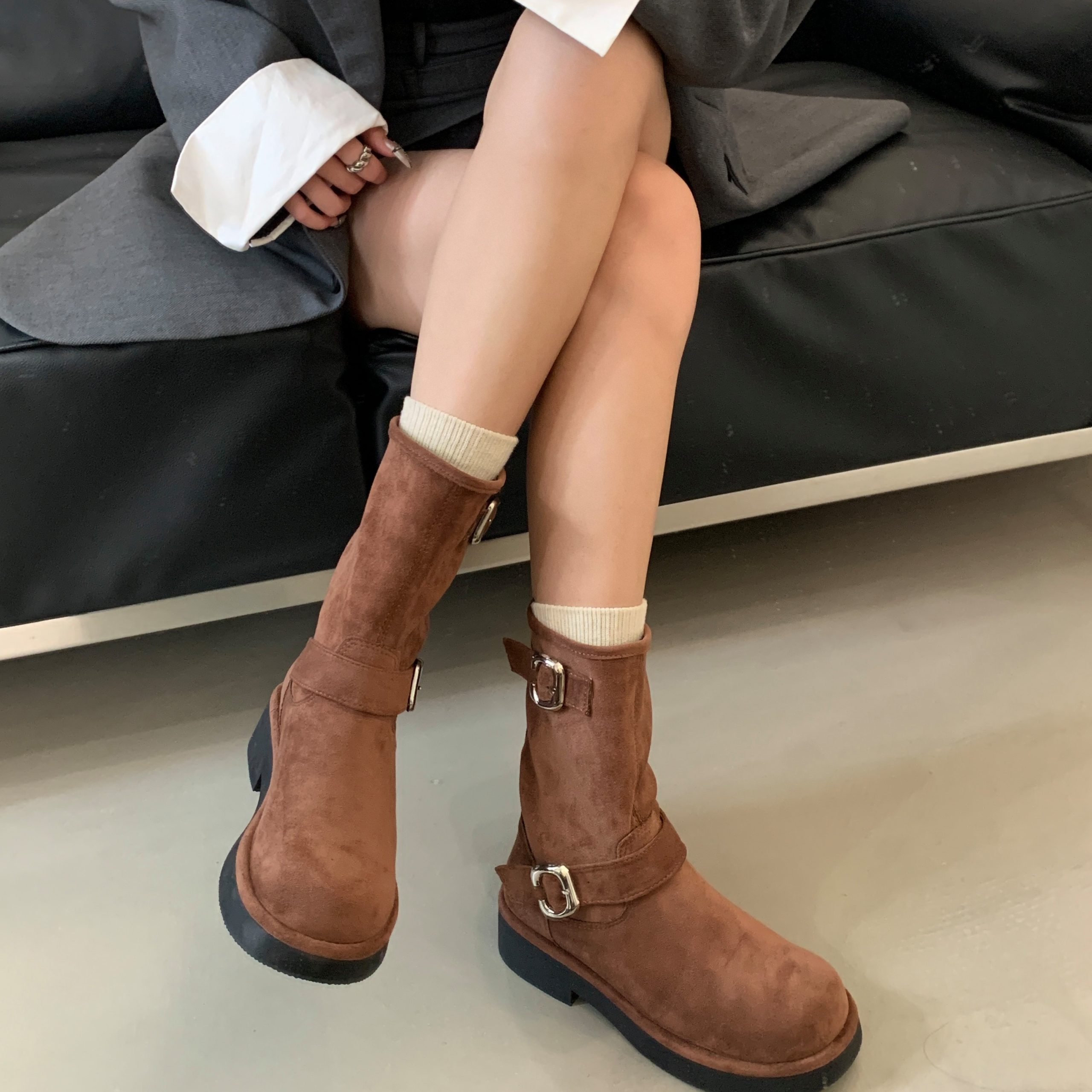 2024 New Retro Motorcycle Buckle Round Toe Thick Sole Mid Calf Boots Women Winter - Image 4