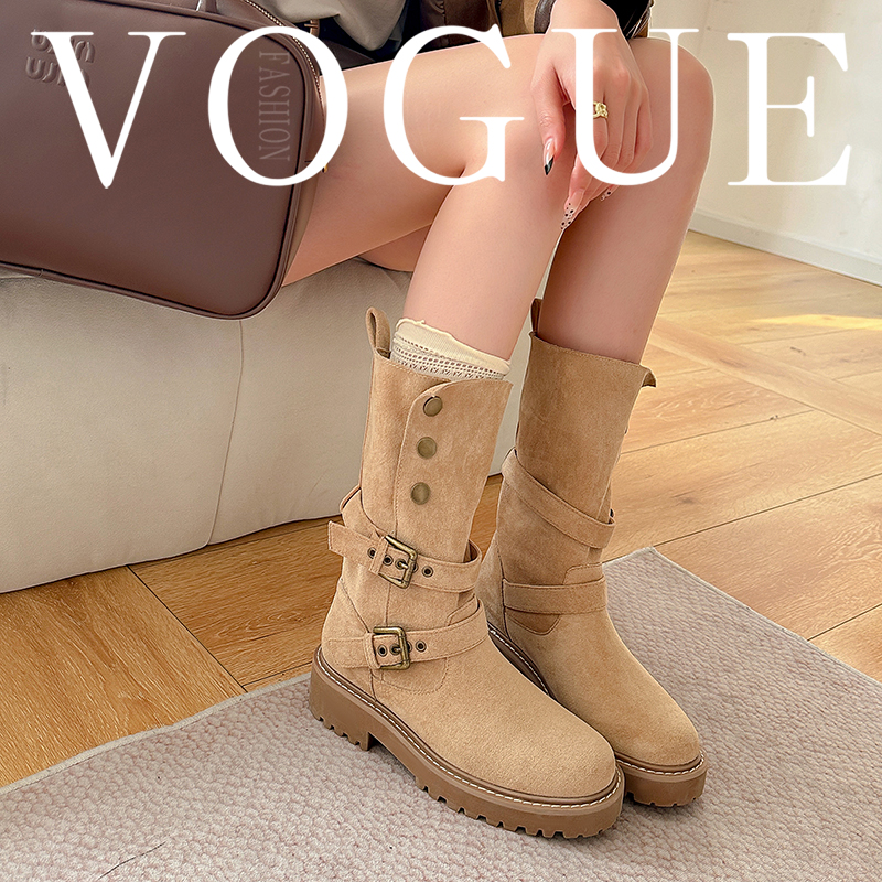 2024 Retro Genuine Leather Thick Sole Chunky Heel Mid Calf Boots for Women Autumn Winter Slim Fit Boots - Image 3