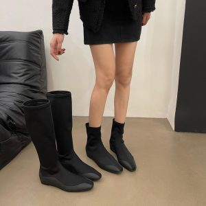 2024 Square Toe Ankle Boots Knit Sock Stretch Slim Boots Hidden Heel Height Increasing Slim Legs Versatile Flat Ankle Boots Black