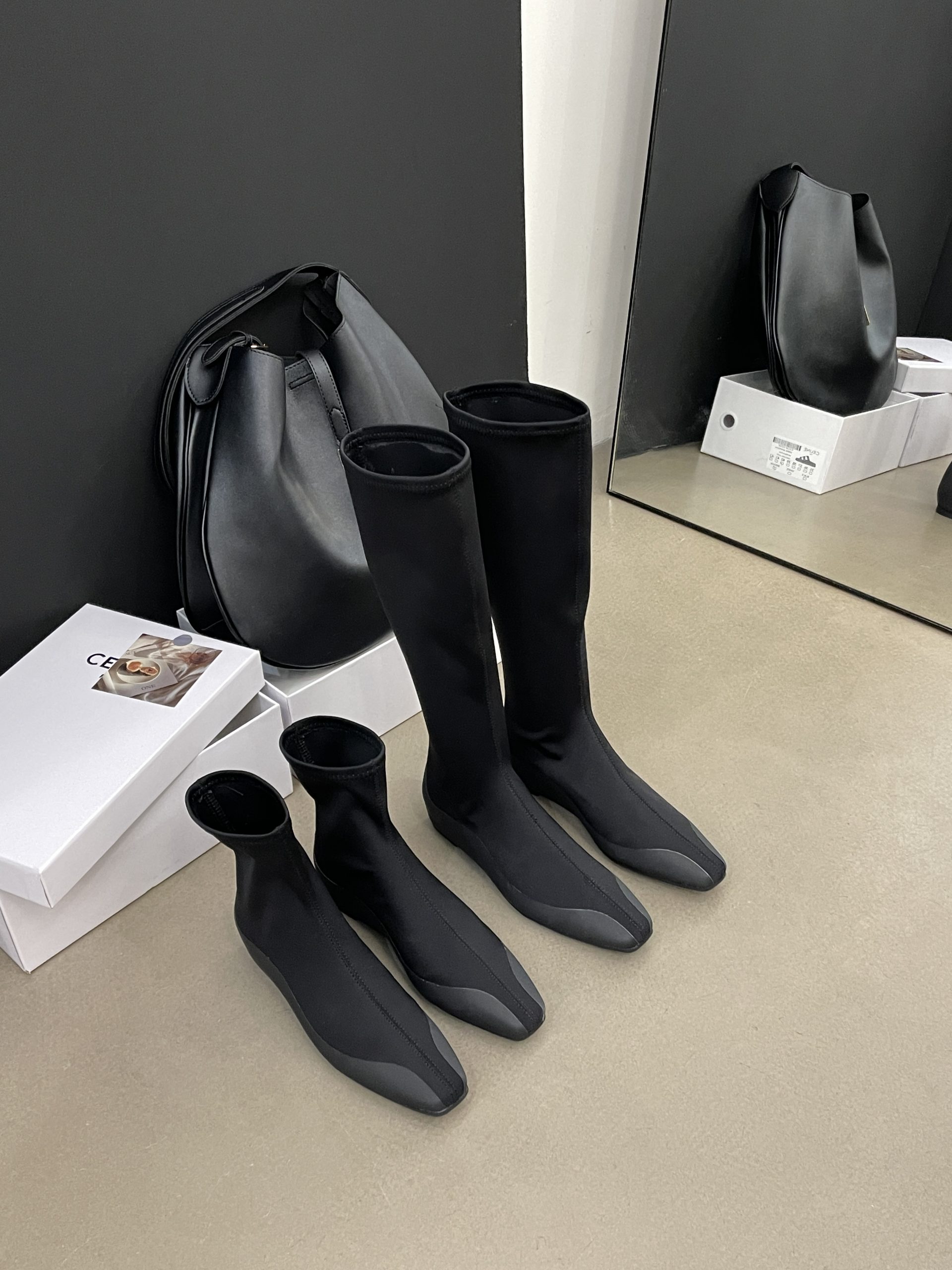 2024 Square Toe Ankle Boots Knit Sock Stretch Slim Boots Hidden Heel Height Increasing Slim Legs Versatile Flat Ankle Boots Black - Image 2