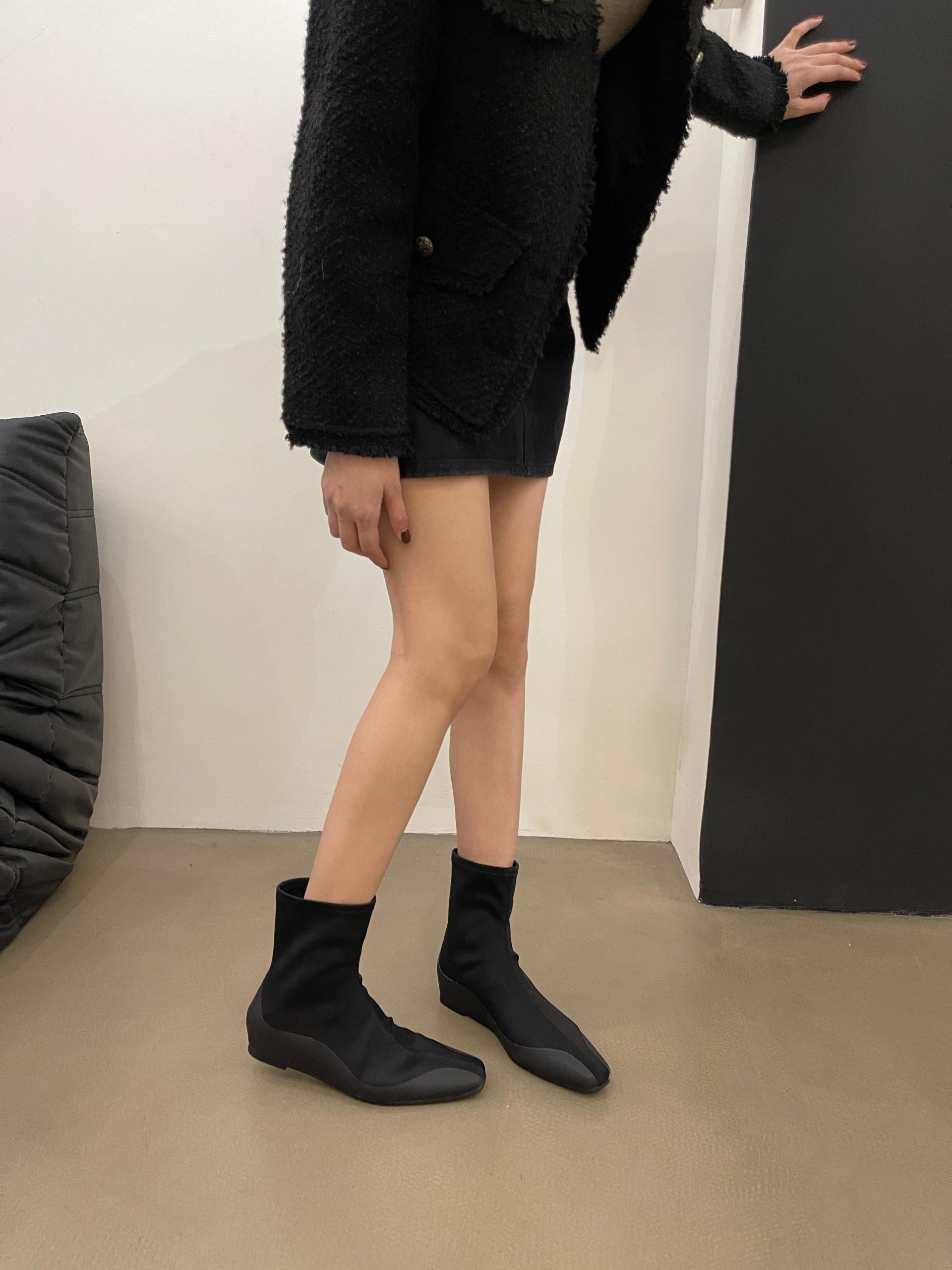 2024 Square Toe Ankle Boots Knit Sock Stretch Slim Boots Hidden Heel Height Increasing Slim Legs Versatile Flat Ankle Boots Black - Image 3