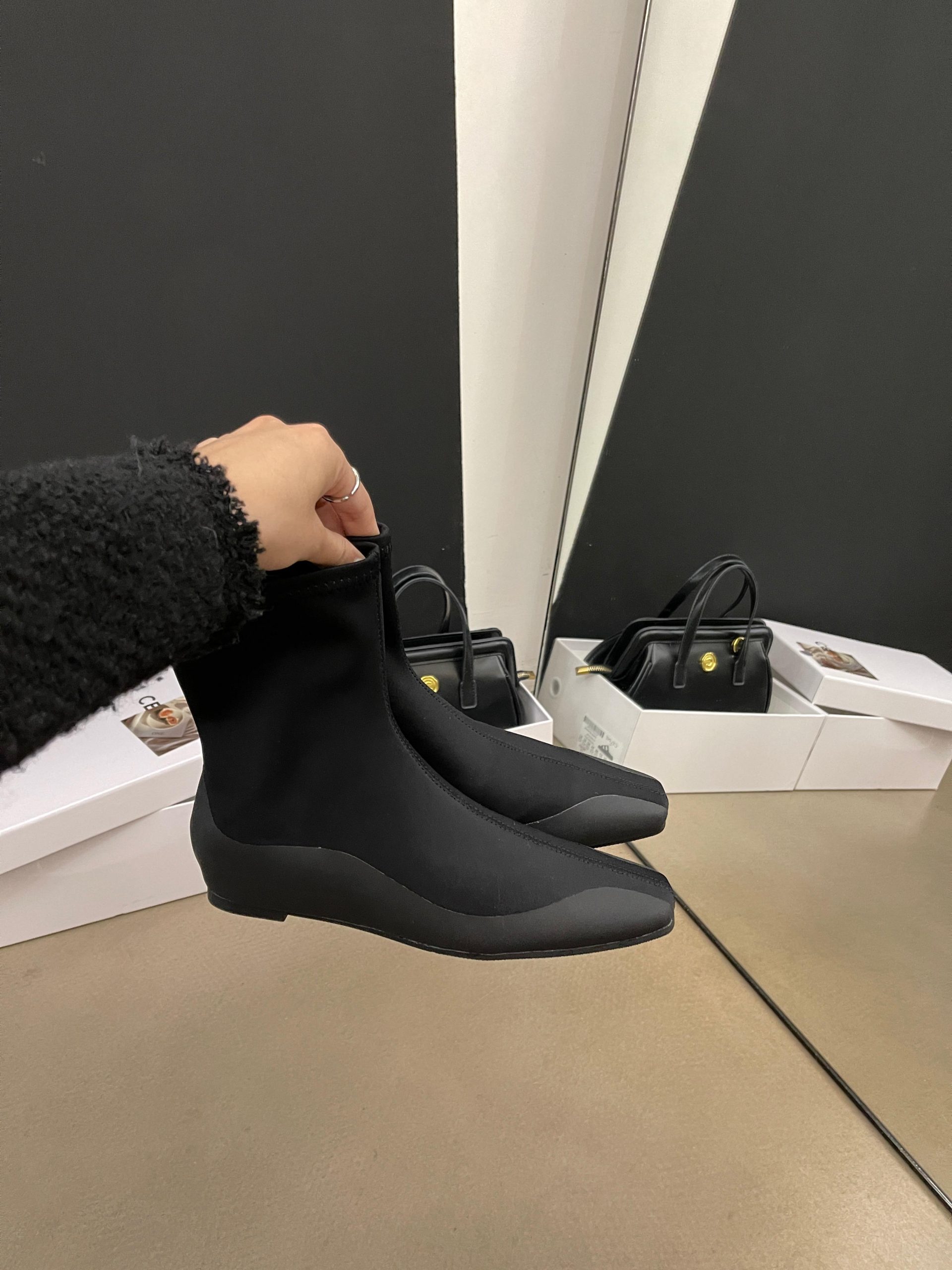 2024 Square Toe Ankle Boots Knit Sock Stretch Slim Boots Hidden Heel Height Increasing Slim Legs Versatile Flat Ankle Boots Black - Image 4