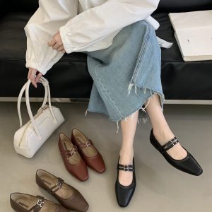 2025 Spring New French Style Square Toe Mary Jane Shoes Women Low Heel Commuter Shallow Mouth Mary Janes