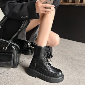 Crape Myrtle 2024 New Cowhide Leather Round Toe Platform Ankle Boots for Women, Thick Heel Side Zipper Lace Up Street Style