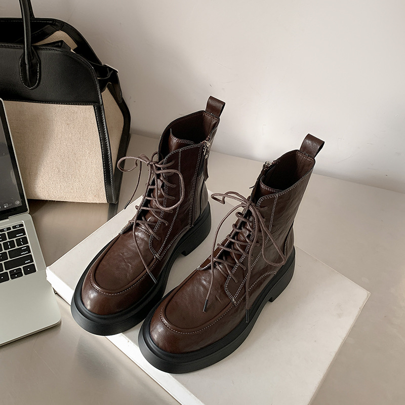 Crape Myrtle 2024 New Cowhide Leather Round Toe Platform Ankle Boots for Women, Thick Heel Side Zipper Lace Up Street Style - Image 4