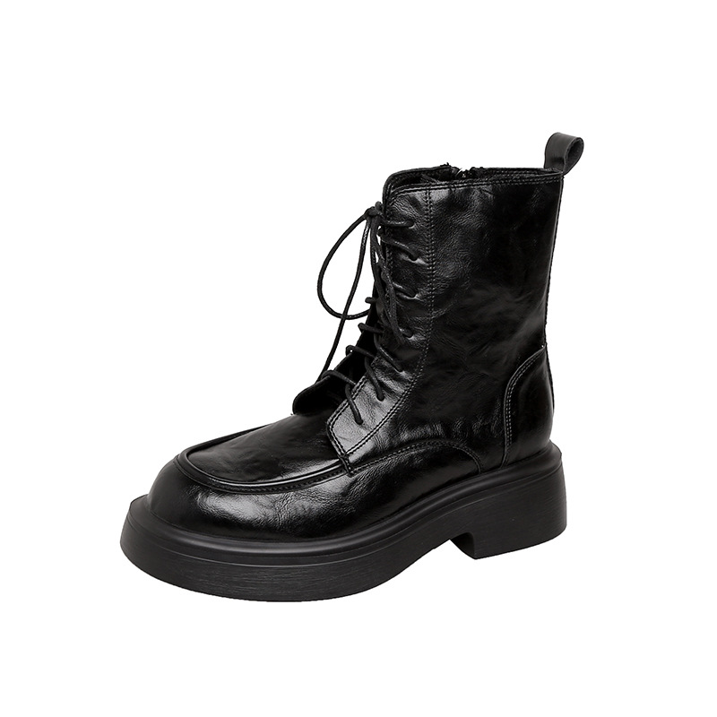 Crape Myrtle 2024 New Cowhide Leather Round Toe Platform Ankle Boots for Women, Thick Heel Side Zipper Lace Up Street Style - Image 5