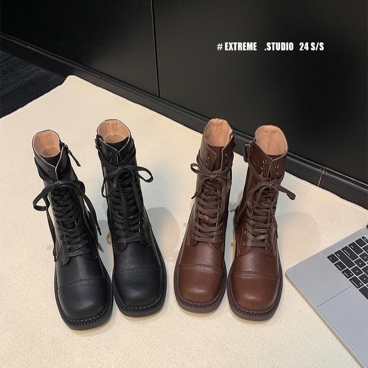 Crape Myrtle Women's Round Toe Side Zipper Lace-Up PU Mid-Calf Fashion Boots Fall 2024