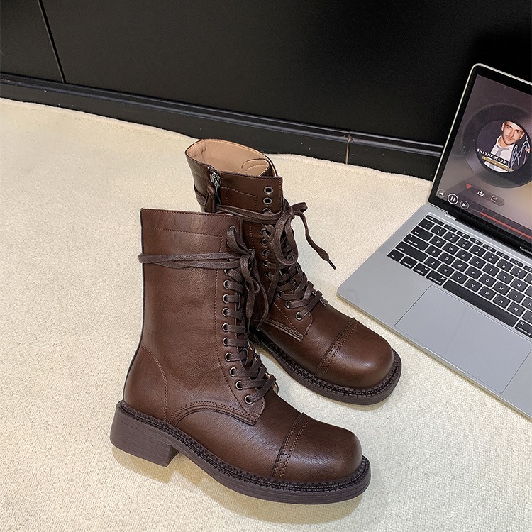 Crape Myrtle Women's Round Toe Side Zipper Lace-Up PU Mid-Calf Fashion Boots Fall 2024 - Image 4