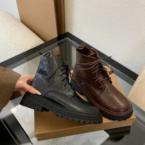 New Autumn Winter Motorcycle Short Boots Washed Shrunken Horse Leather Round Toe British Lace Up Thick Sole Martin Boots Women