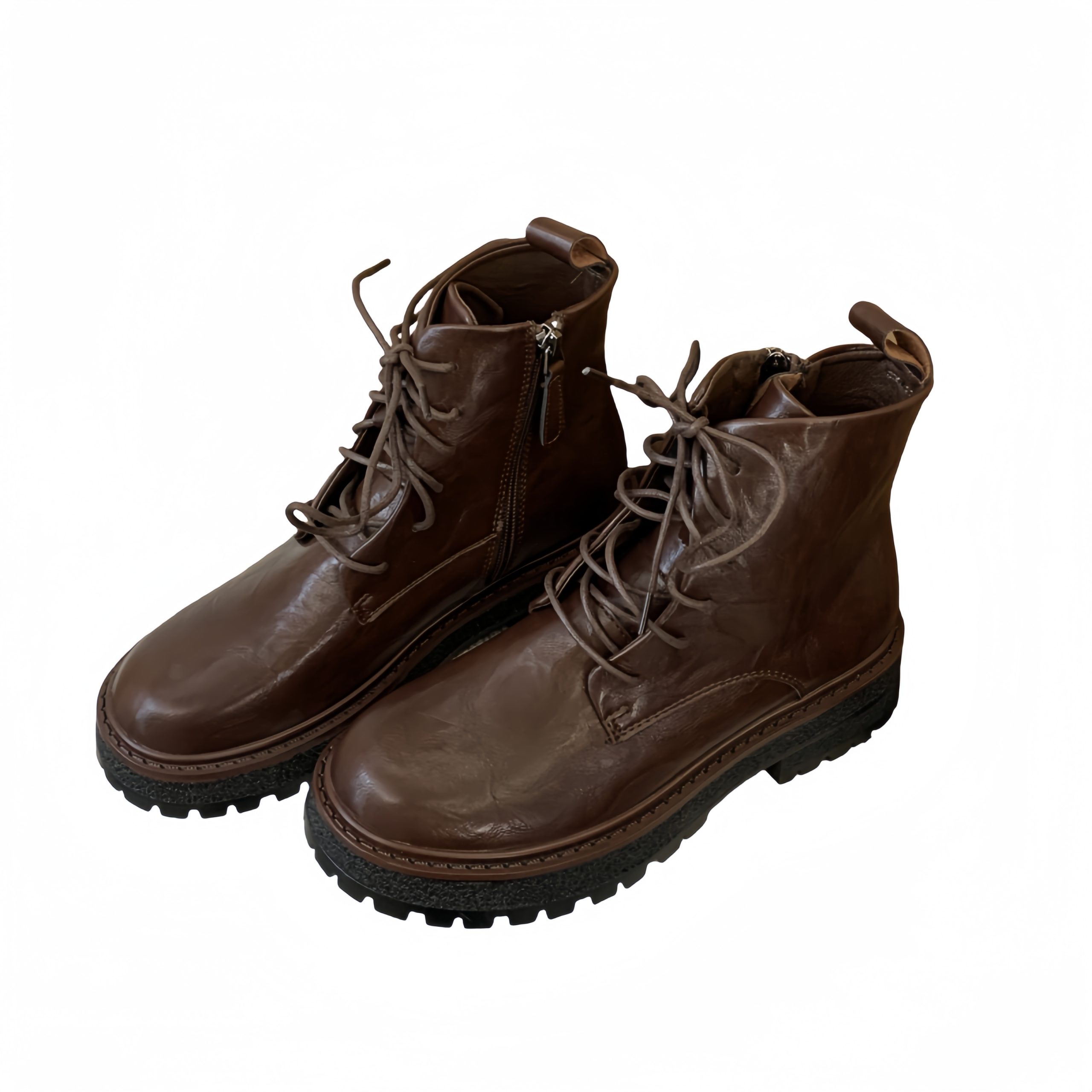 New Autumn Winter Motorcycle Short Boots Washed Shrunken Horse Leather Round Toe British Lace Up Thick Sole Martin Boots Women - Image 5