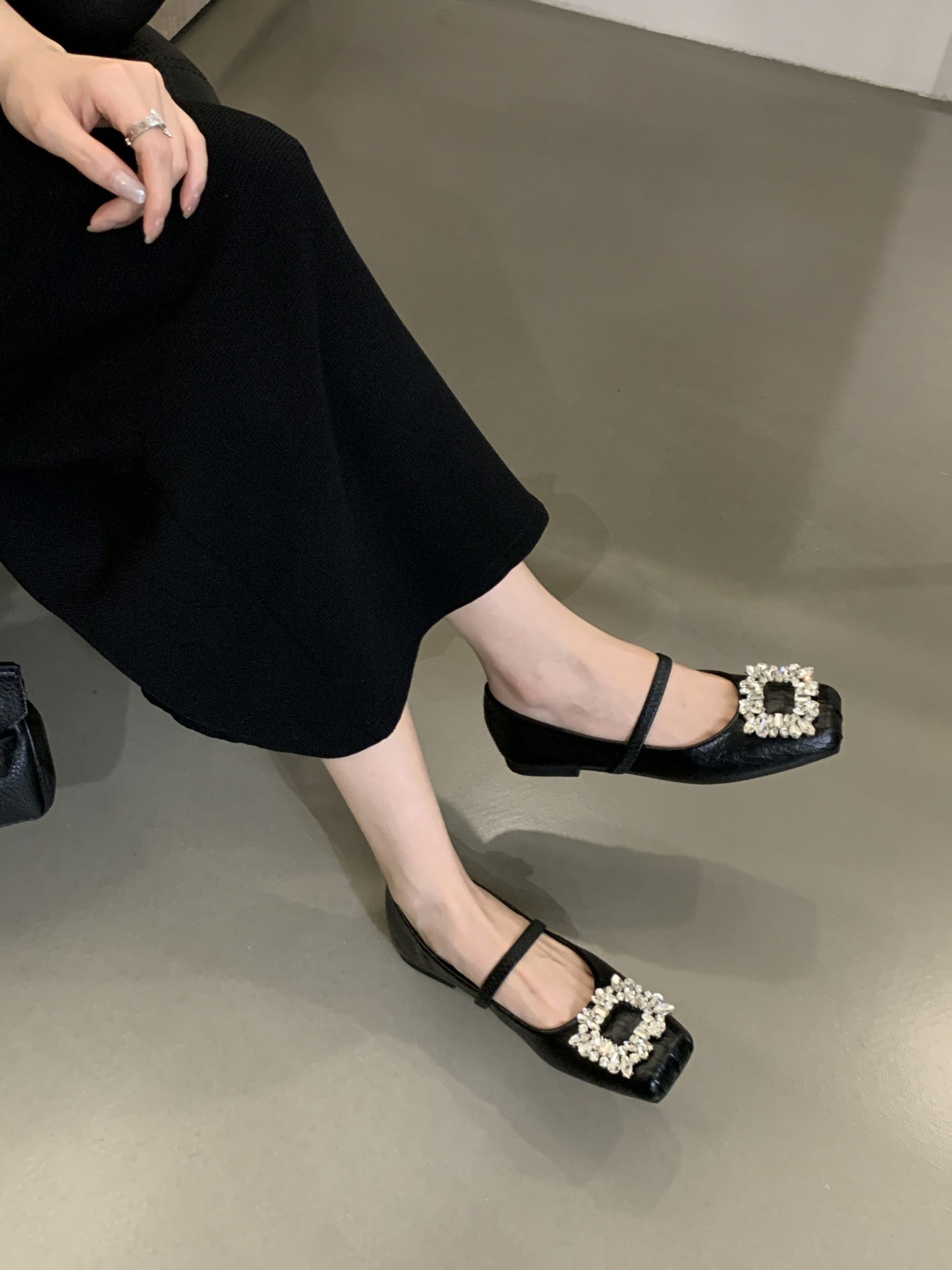 SIZHUONI Women's French Fairy Style Square Buckle Rhinestone Flat Shoes Mary Jane Slip-On 2024 New Spring Summer Low Top Soft Sole - Image 4