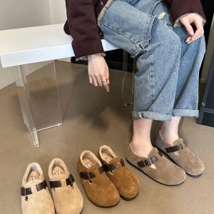SIZHUONI Women's Winter Faux Fur Lined Loafer Shoes 2024 New Forest Style Retro Slip-On Flat Shoes