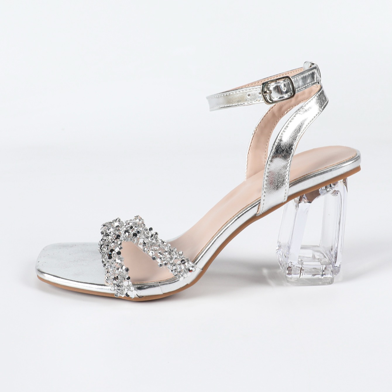 Stunning Rhinestone Transparent Chunky Heel Sandals for Women Summer Square Toe Silver Open Toe French High Heels - Image 5