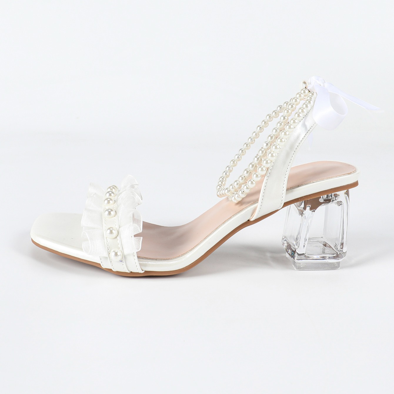 Summer Fairy Style Transparent Chunky Heel Sandals for Women with Pearl Bow Tie Straps Fashion Crystal Shoes - Image 5