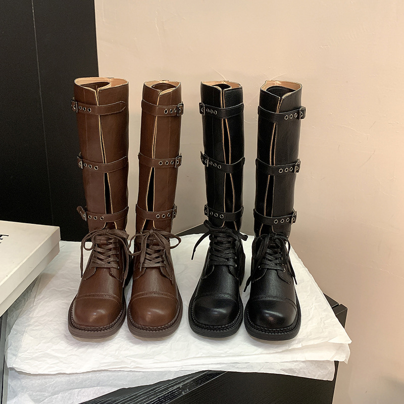 Vintage Style Motorcycle Knight Boots for Women - PU Leather Mid Heel High Top Round Toe Square Heel