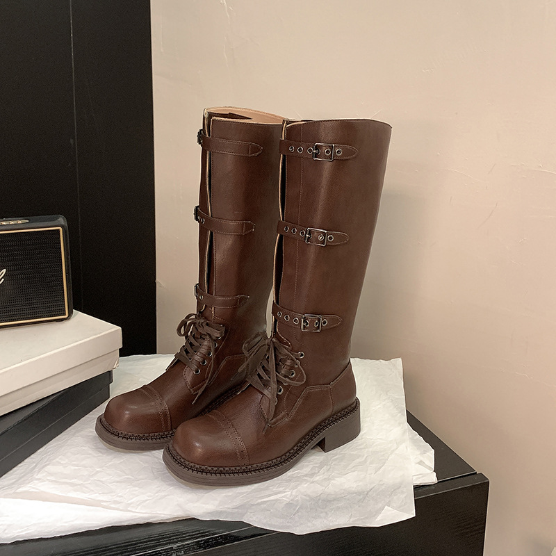 Vintage Style Motorcycle Knight Boots for Women - PU Leather Mid Heel High Top Round Toe Square Heel - Image 4