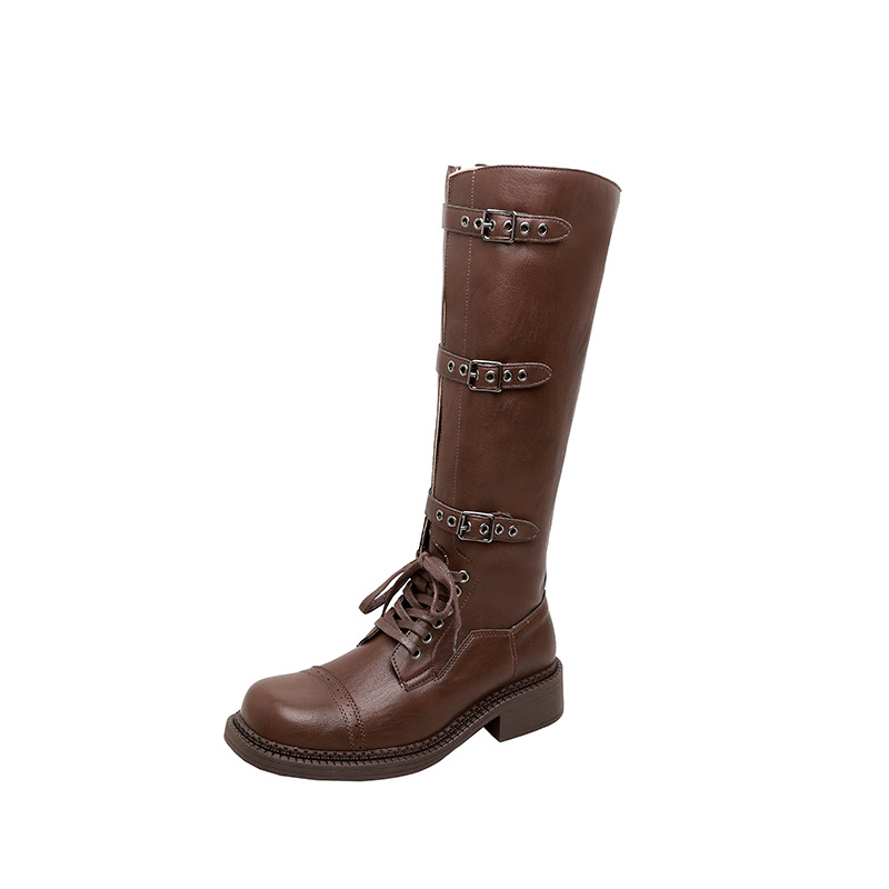 Vintage Style Motorcycle Knight Boots for Women - PU Leather Mid Heel High Top Round Toe Square Heel - Image 5