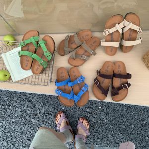 Women's Birkenstock Style Leather Slippers 2026 New Retro Genuine Leather Cork Thick Sole One-Strap Sandals