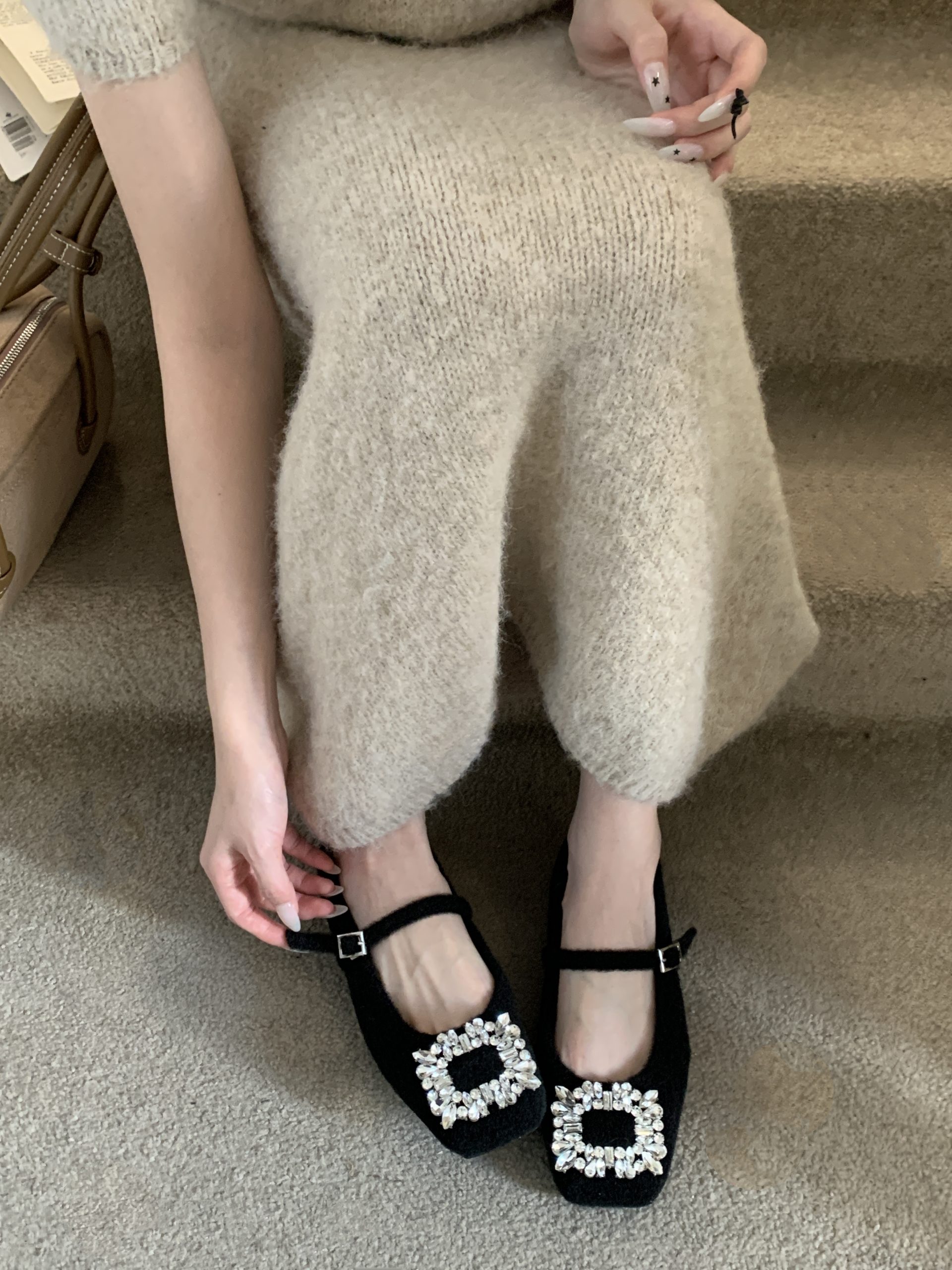 Women's Mary Jane Shoes Winter Fleece Lined French Evening Square Toe Rhinestone Woolen Shoes - Image 2