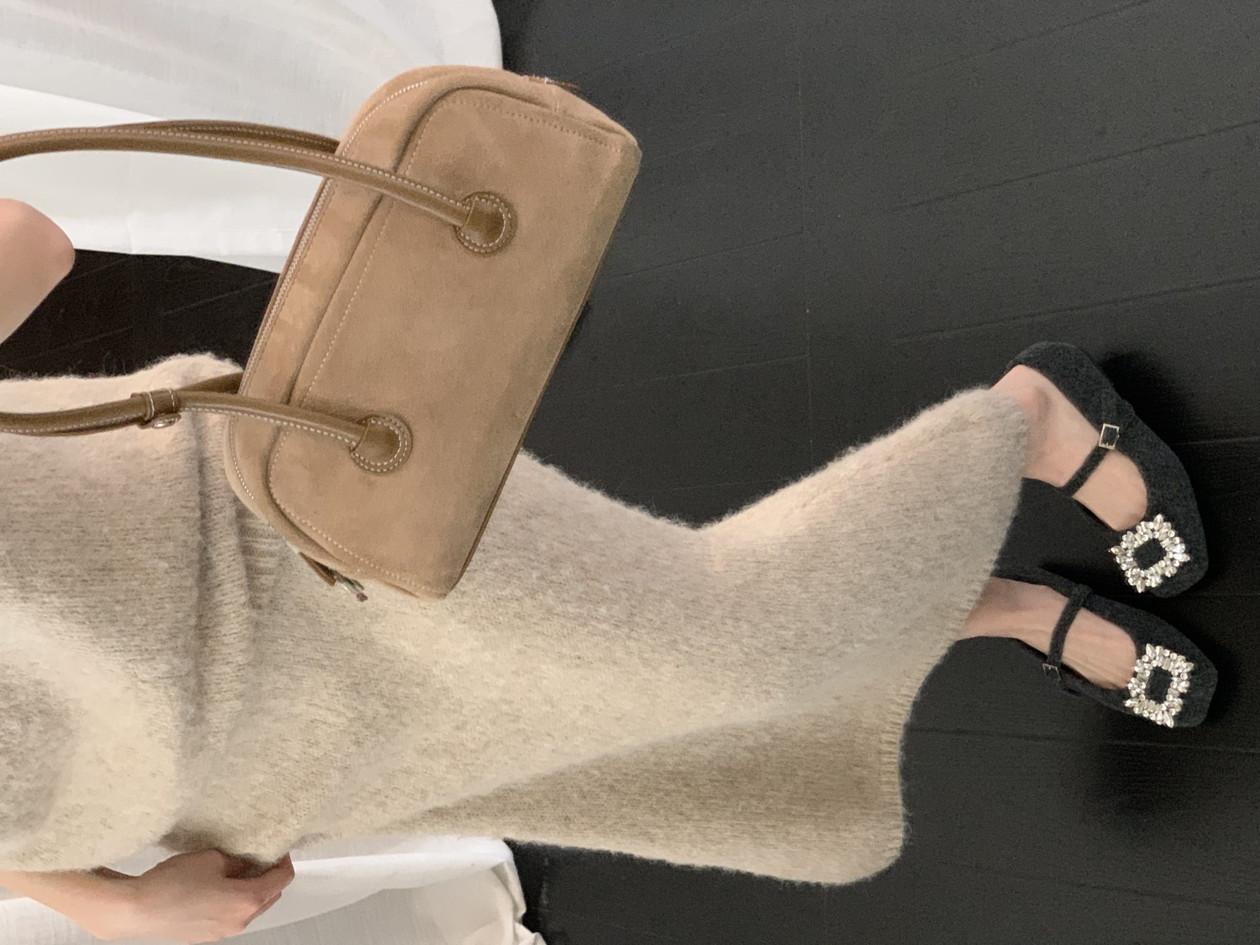 Women's Mary Jane Shoes Winter Fleece Lined French Evening Square Toe Rhinestone Woolen Shoes - Image 3